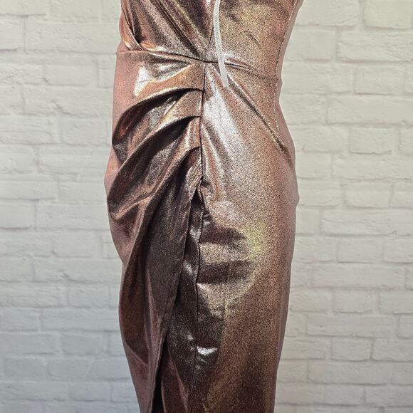 E Venus Pink Metallic Halter Midi Dress Women Size S Side Ruched Wrap Skirt Cute - Picture 6 of 12
